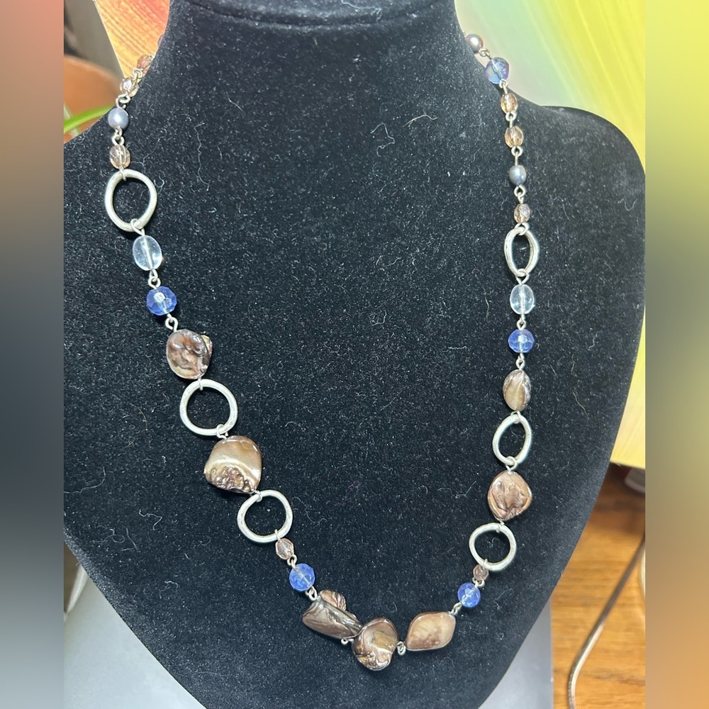 Lia‎ Sophia Silver Tone Brown Shell Blue Bead Station Necklace Adjustable